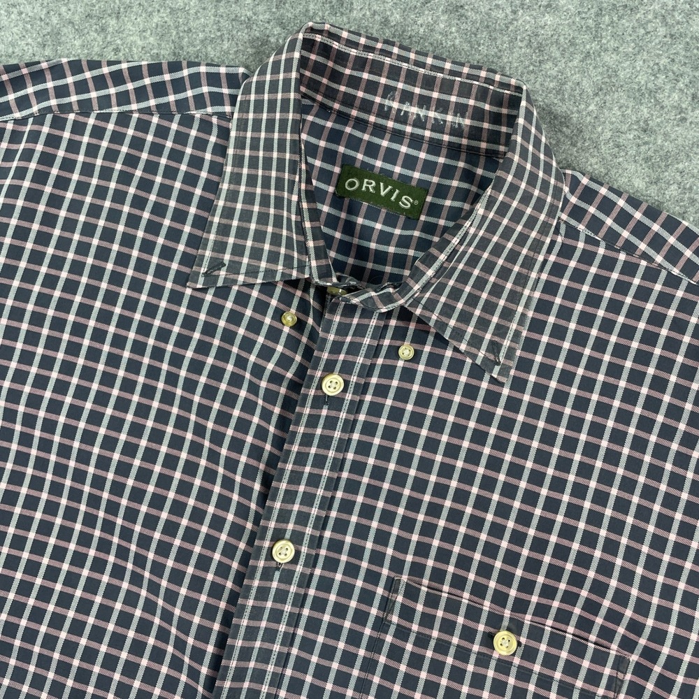 Orvis Mens Button Down Shirt XL Charcoal Checked Long Sleeve